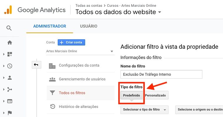 Google Analytics, tipo de filtro