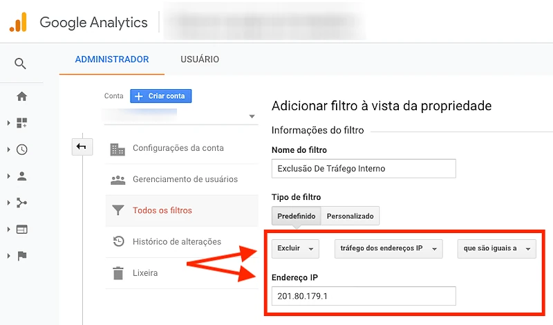 Google Analytics, critérios do filtro e endereço do IP