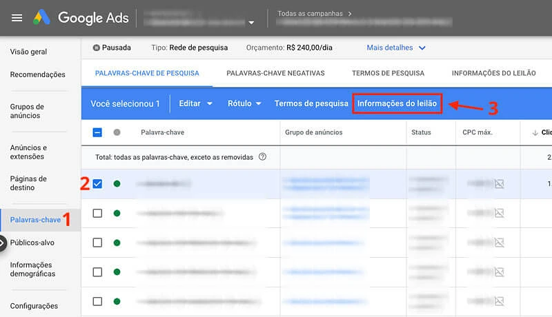 Google Ads, informações do leilão no nível de palavra-chave