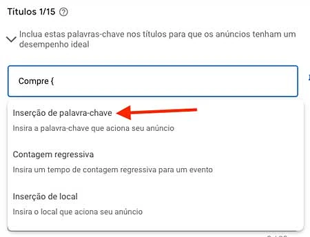 Inserção de palavra-chave em título de anúncio
