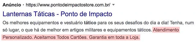 Extensões de frase de destaque em anúncio do Google