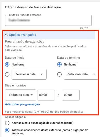 Opções de agendamento de extensão de frase de destaque