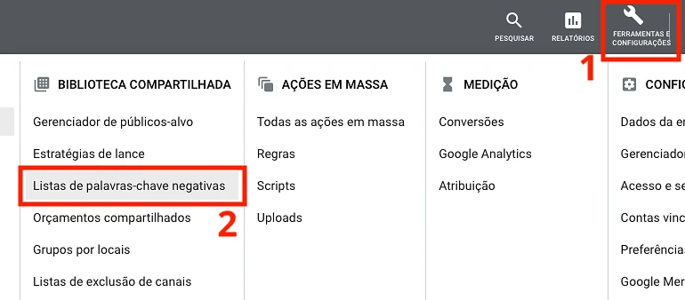 Listas de palavras-chave negativas no google ads