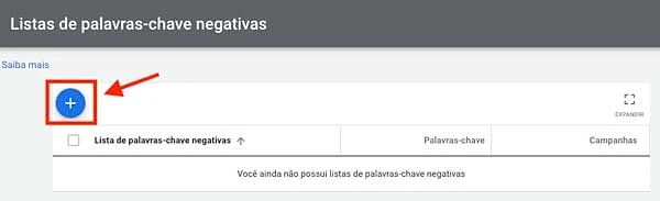 Botão adicionar nova lista de palavras-chave negativas