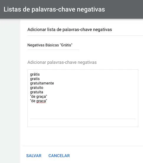 Exemplo de lista de palavras-chave negativas