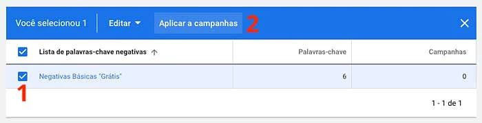 Como aplicar listas de palavras-chave negativas a campanhas