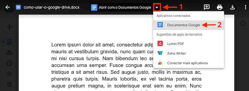 Como converter documentos criados em outros programas no Google Drive.