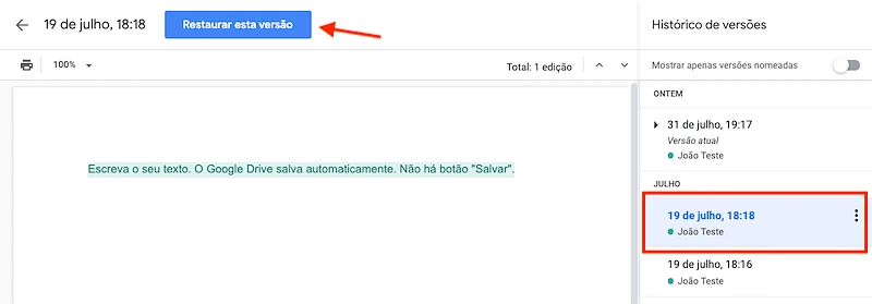 Como restaurar uma versão anterior de um documento no Google Drive