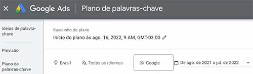Configurações do plano