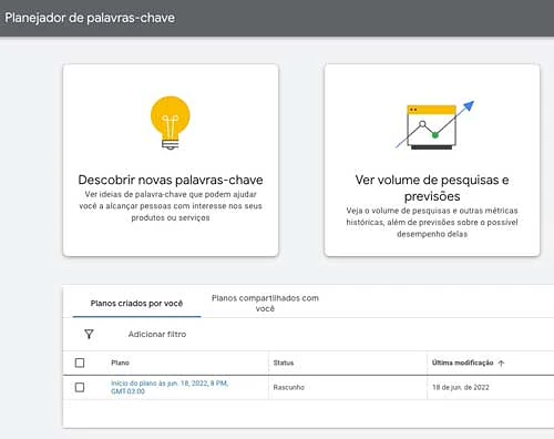 Opções da tela inicial do Planejador de Palavras-Chave do Google Ads