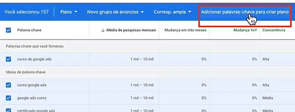 Adicionar palavras-chave para criar plano