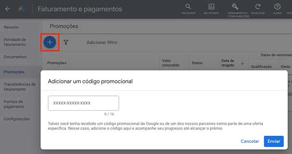Adicionar código promocional no Google Ads
