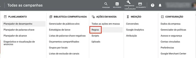 Regras automatizadas no menu do Google Ads