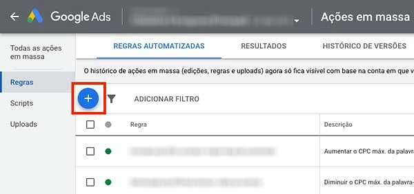 Adicionar nova regra automatizada no Google Ads