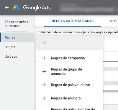 Escolher o tipo da nova regra automatizada no Google Ads