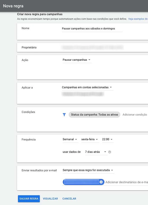 Configurações da nova regra automatizada no Google Ads
