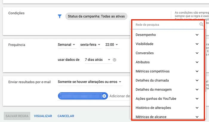 Opções de condições em regras automatizadas no Google Ads