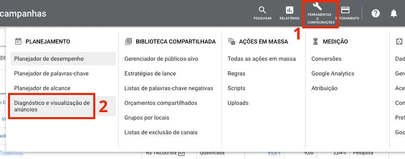 Acessar a ferramenta de diagnóstico e visualização de anúncios no menu do Google Ads