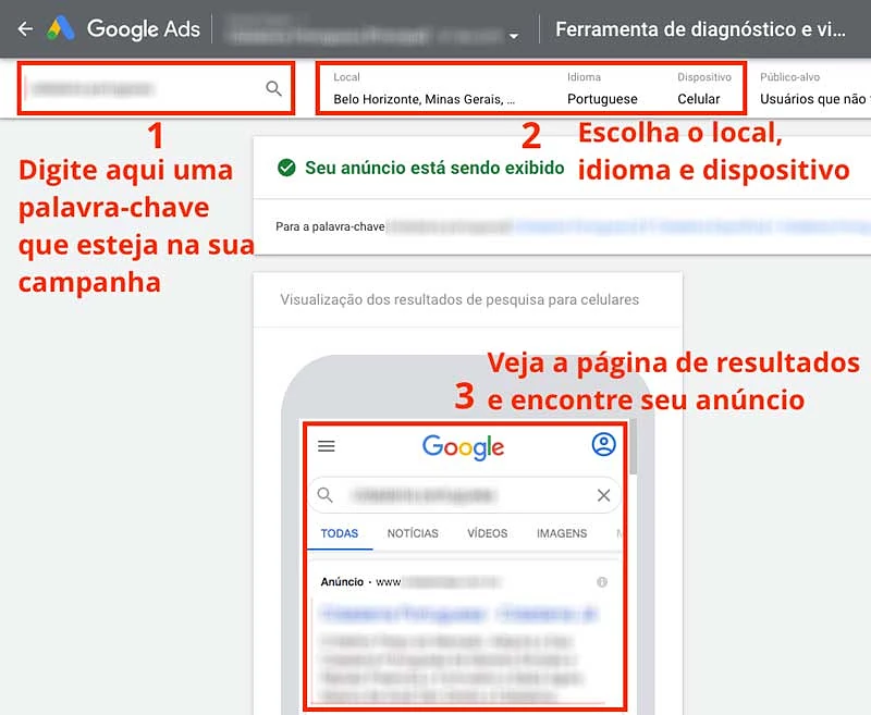 Ver a posição dos meus anúncios no google ads na ferramenta de diagnóstico e visualização de anúncios