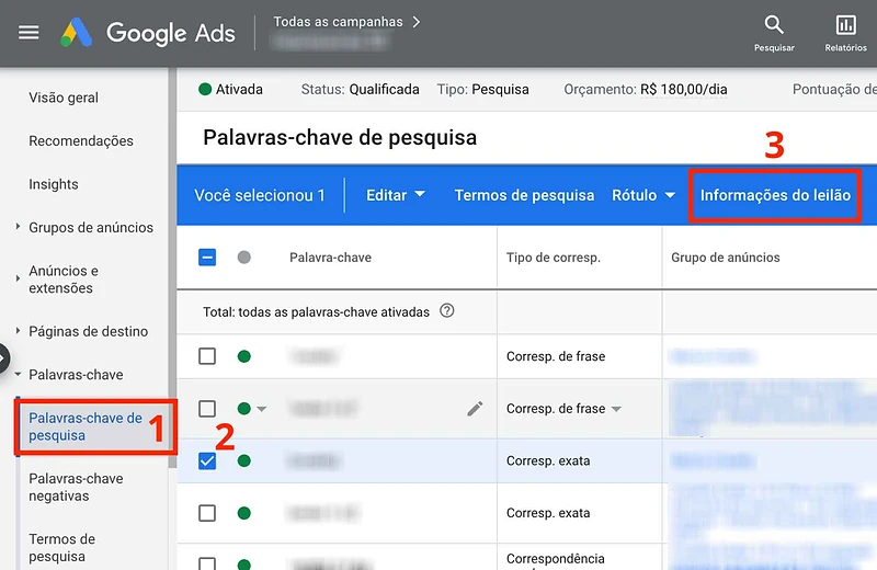 Informações do leilão para palavras-chave no Google Ads