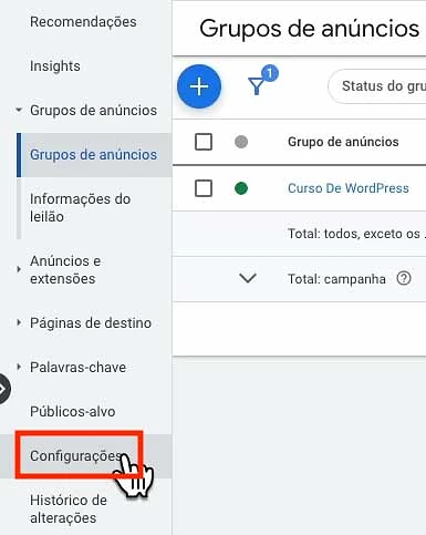 Configurações da campanha no Google Ads