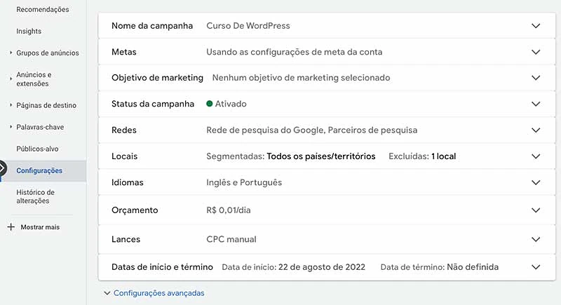Configurações da campanha