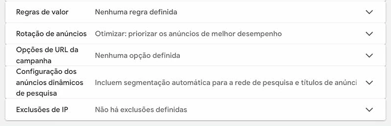 Configurações avançadas da campanha