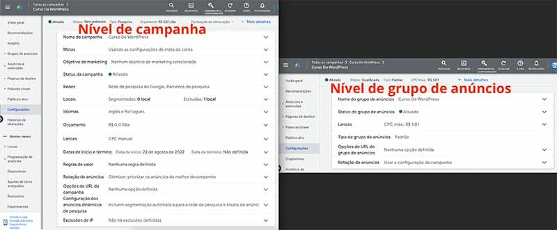 Configurações nos níveis de campanha e de grupo de anúncios