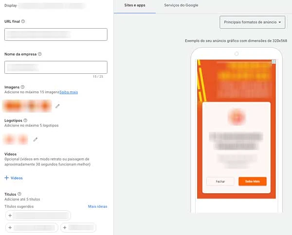Tela de edição de anúncio responsivo de display no Google Ads