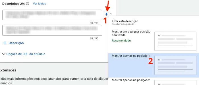 Fixar descrições de anúncios responsivos de pesquisa