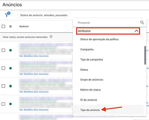 Filtro de tipo de anúncio