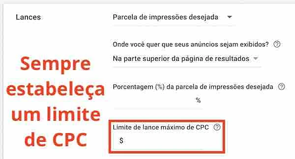 Parcela de impressões desejada, limite de lance máximo