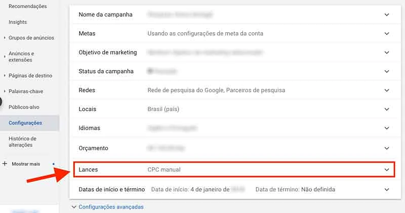 Seção lances nas configurações da campanha