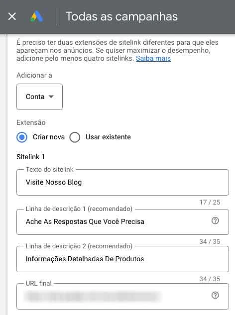 Editar extensão de sitelink