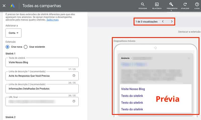 Prévia da exibição da extensão de sitelinks no Google Ads