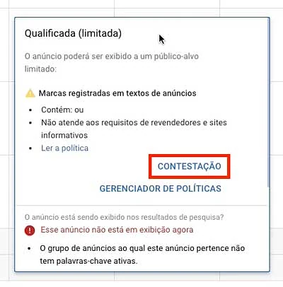 Google ads: opção "Contestação" para anúncios reprovados ou aprovados com limitações