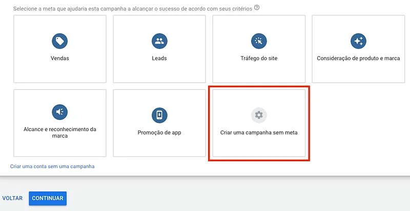 Google ads: escolher o objetivo da nova campanha
