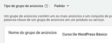 Google ads: escolher tipo de nome do grupo de anúncios