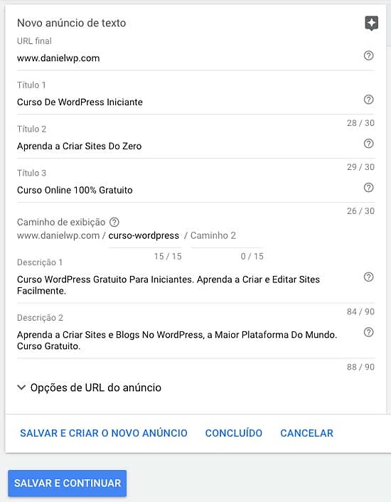 Google ads: criação de anúncio de texto de uma nova campanha