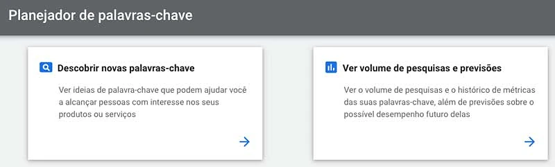 Google ads: opções do planejador de palavras-chave para a nova campanha