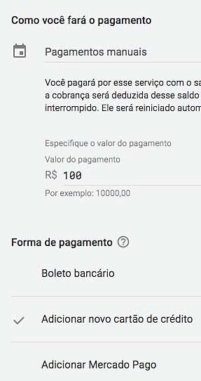 Google ads: opções de pagamentos manuais