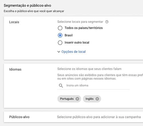 Google ads: segmentação de local e de idioma da campanha