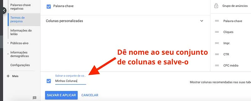Dar nome ao seu conjunto de colunas do relatório de termos de pesquisa