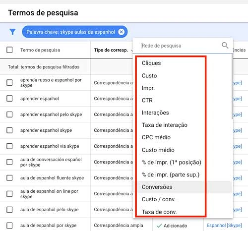 Google Ads: opções de filtros do relatório de termos de pesquisa