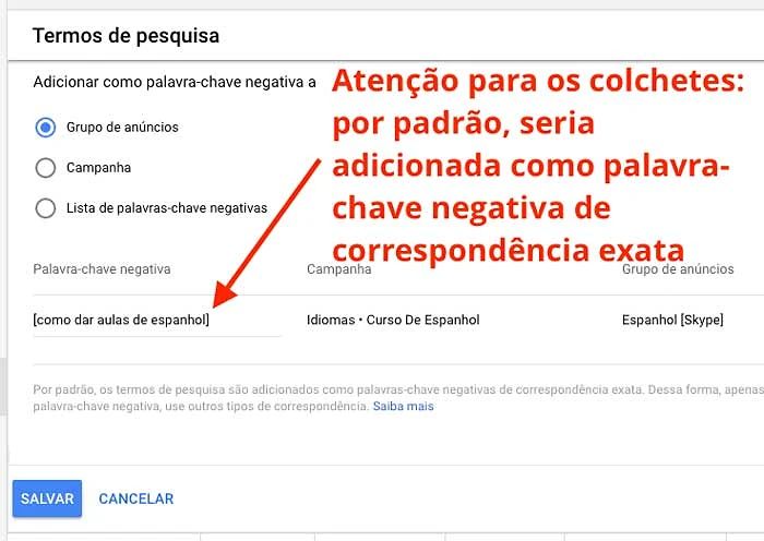 Google ads: adicionar termo de pesquisa como palavra-chave negativa
