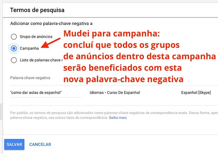 Google ads: adicionar termos de pesquisa como palavras-chave negativas no nível de campanha