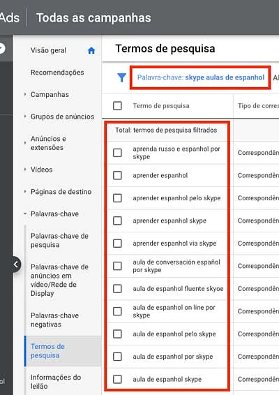 Google ads: relatório de termos de pesquisa no nível de palavra-chave