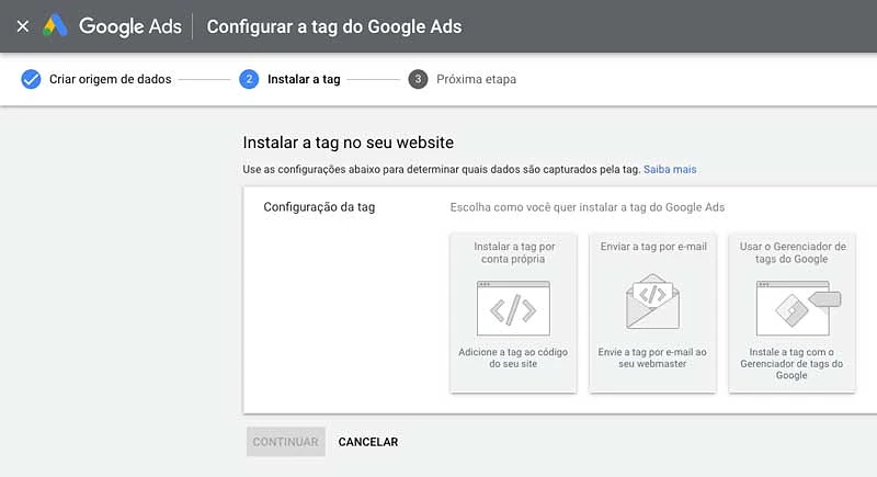 Opções de instalação da tag do Google Ads