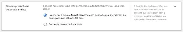 Google ads: opções de preenchimento da lista de remarketing (público-alvo)