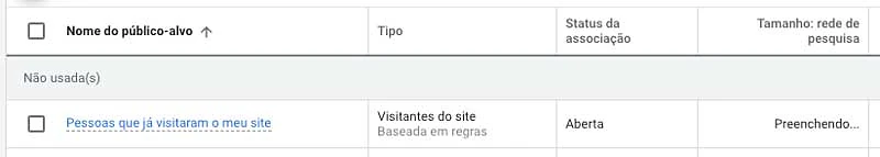 Google ads: nova lista de remarketing (público-alvo) sendo preenchida